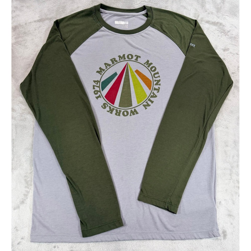 Marmot Mens Long Sleeve Raglan Graphic T-Shirt Grey Green Medium